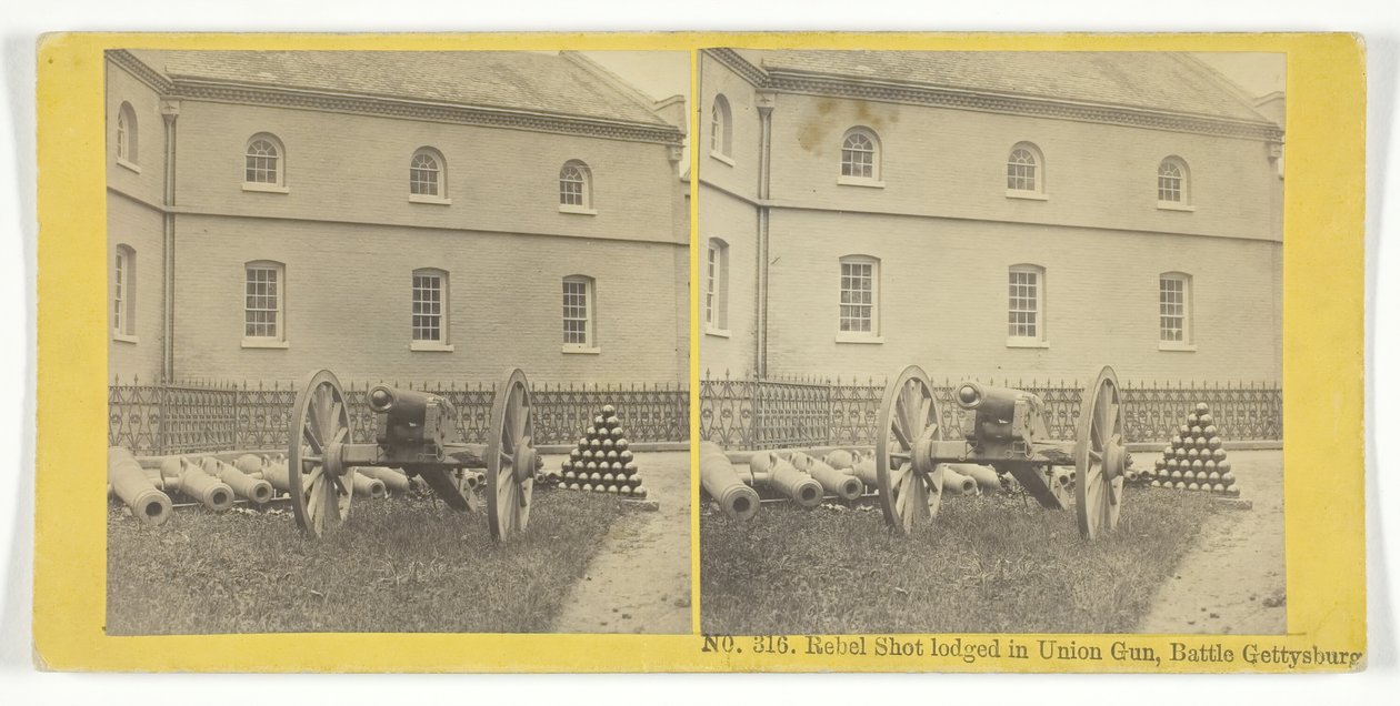تم تقديم Rebel Shot في Union Gun ، Battle Gettysburg ، 185575. المؤلفون: Kilburn Brothers ، BW Kilburn. بواسطة كيلبورن براذرز ، بي دبليو كيلبورن