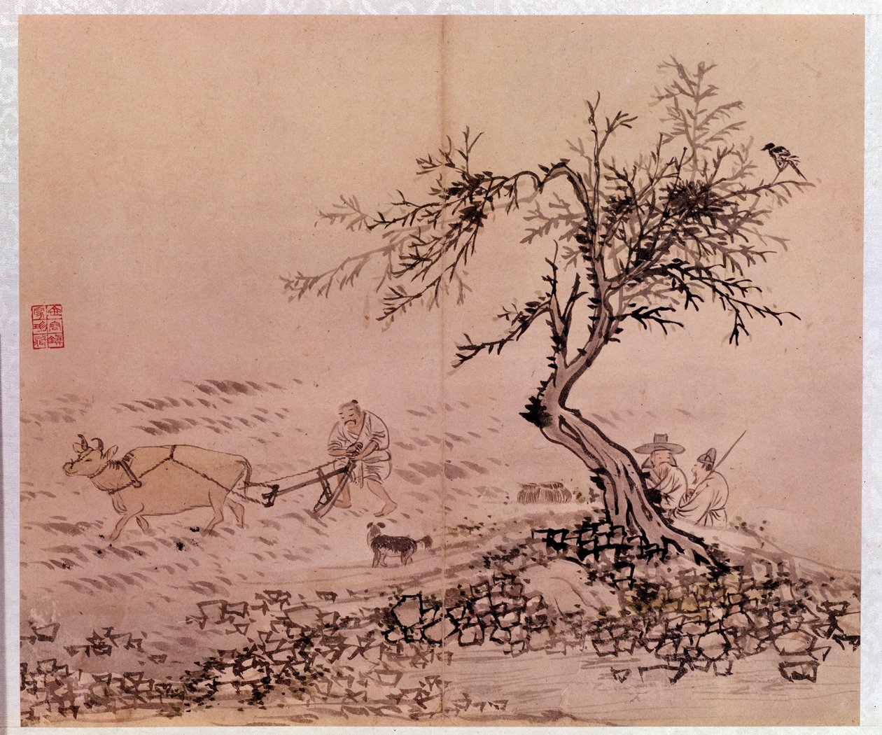 الفن الأساسي: مشهد الحرث. مطبوعات بواسطة Kim Hong-do (Kim Hong Do) أو Danwon (1745-CA 1806) بواسطة كيم هونغ دو.