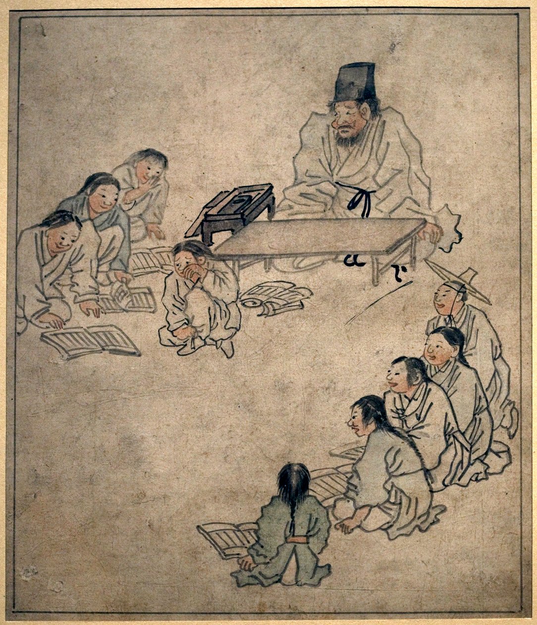 فصل المدرسة. لوحة لدانون (كيم هونغدو) (1745-1806) ، حبر على ورق ، فن كورين ، فترة جوسون (تشوسون) من القرن الثامن عشر. المتحف الوطني الكوري ، سيول (كوريا الجنوبية). بواسطة كيم هونغ دو.