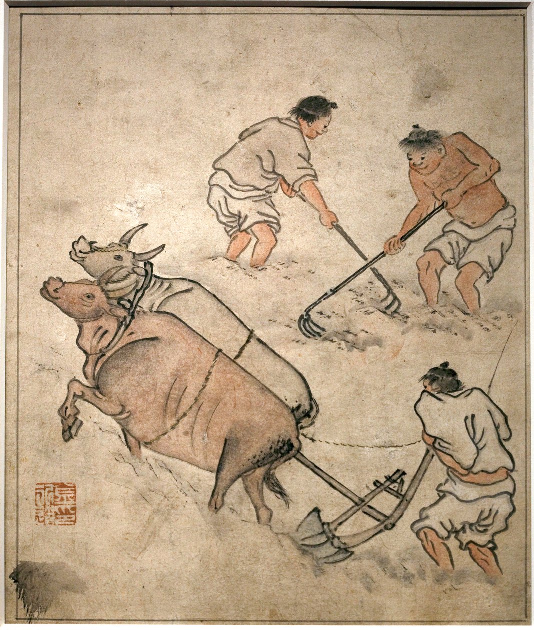 مشهد العمل الزراعي. لوحة لدانون (كيم هونغدو) (1745-1806) ، حبر على ورق ، فن كورين ، فترة جوسون (تشوسون) من القرن الثامن عشر. المتحف الوطني الكوري ، سيول (كوريا الجنوبية). بواسطة كيم هونغ دو.