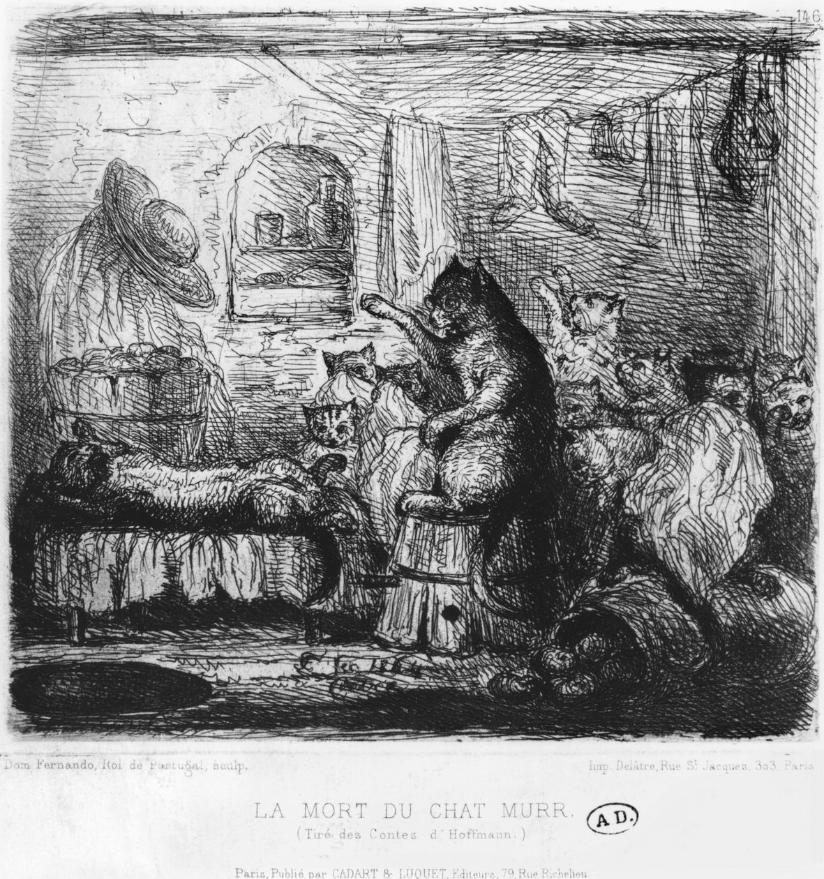 وفاة Cat Murr ، رسم توضيحي من The Life Views of the Cat Murr بقلم إرنست ثيودور أماديوس هوفمان (1776-1822) نشر 1820-22 بواسطة ملك البرتغال فرناندو الثاني