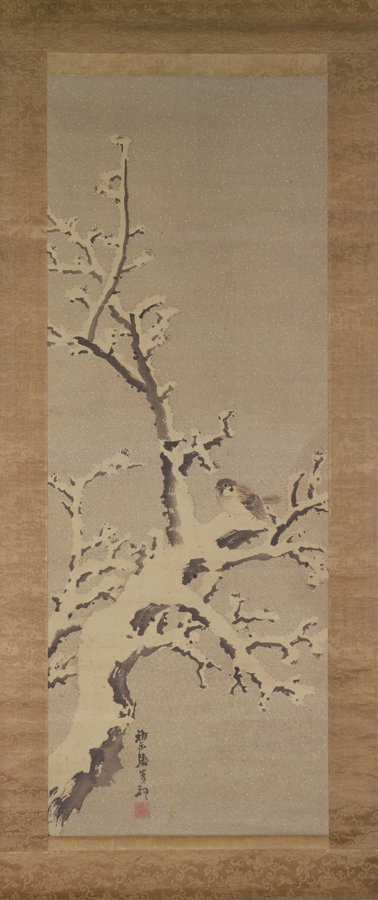 عصفور على شجرة في عاصفة ثلجية ، c.1800 (لون على ورق) بواسطة كيشي جانكو