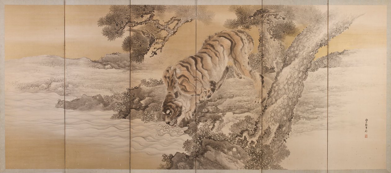 شاشة ذات ستة أضعاف تصور نمر يشرب ، 1749-1838 بواسطة كيشي جانكو