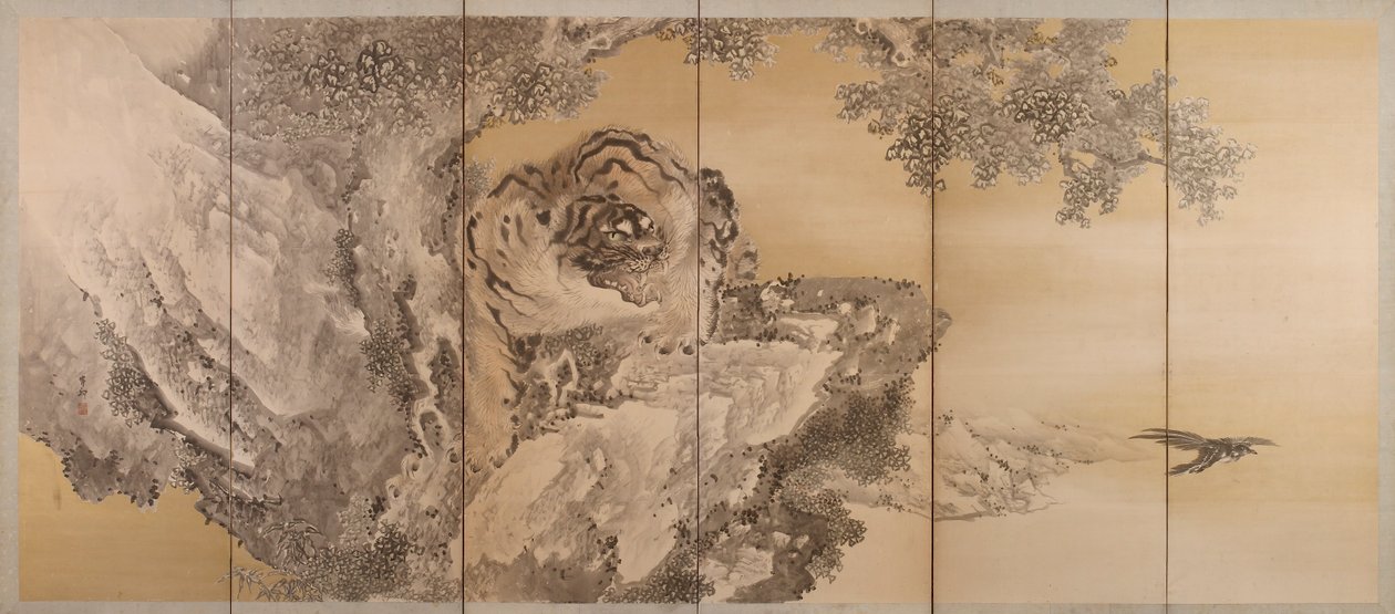 شاشة ذات ستة أضعاف تصور نمرًا يزأر ، 1749-1838 بواسطة كيشي جانكو