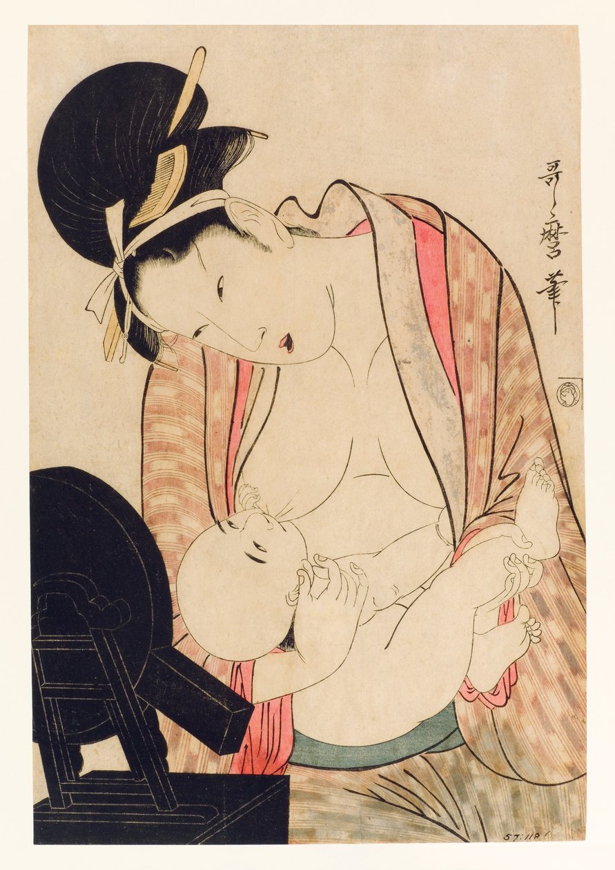أم ترضع طفلها أمام حامل مرآة ، c.1800-04 (لوح خشبي) بواسطة كيتاجاوا أوتامارو