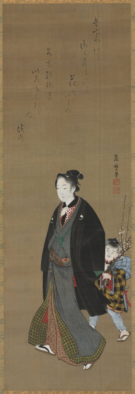 رجل يتجول مع صبي يحمل غصنًا مزهرًا ، ج. 1810. بواسطة كيتاغاوا فوجيمارو