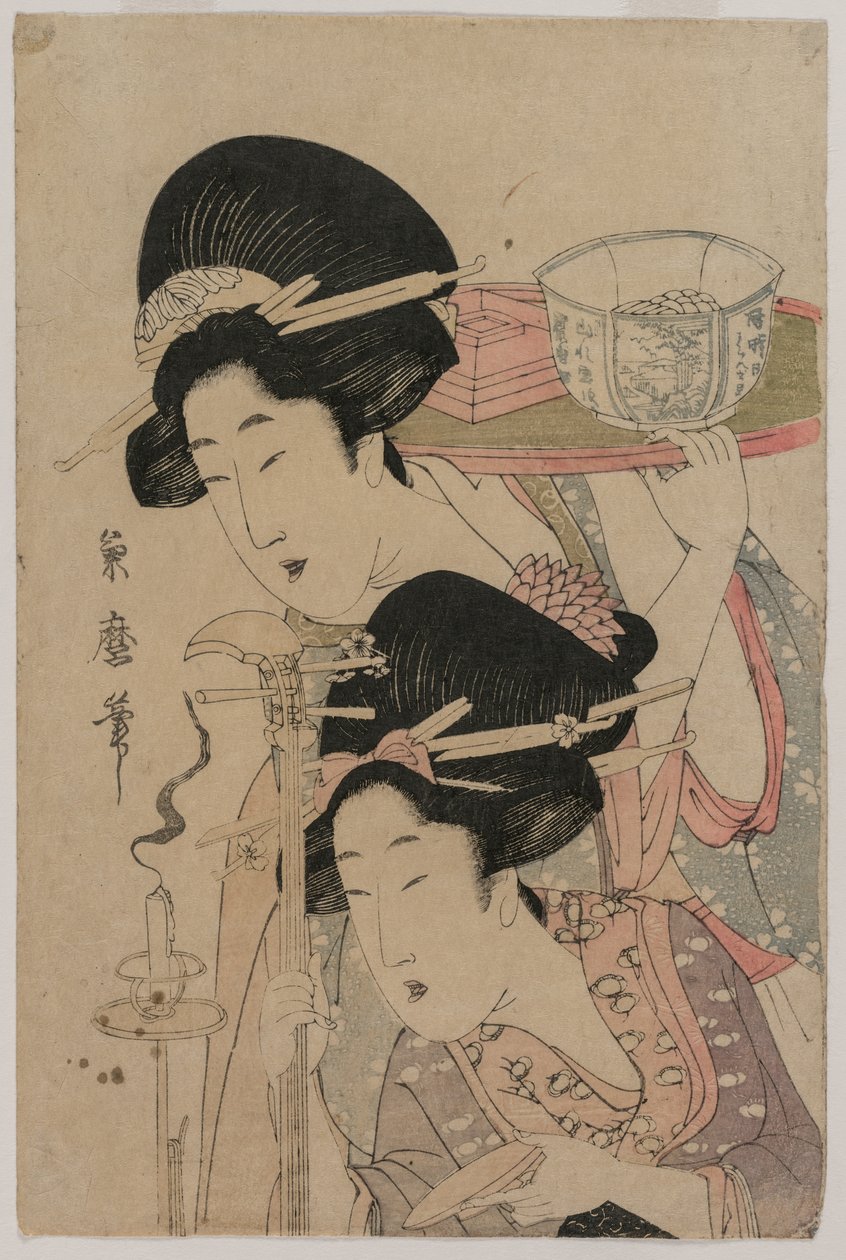 اثنان Geishas بجانب شمعة ، منتصف 1800s. بواسطة Kitagawa Kikumaro