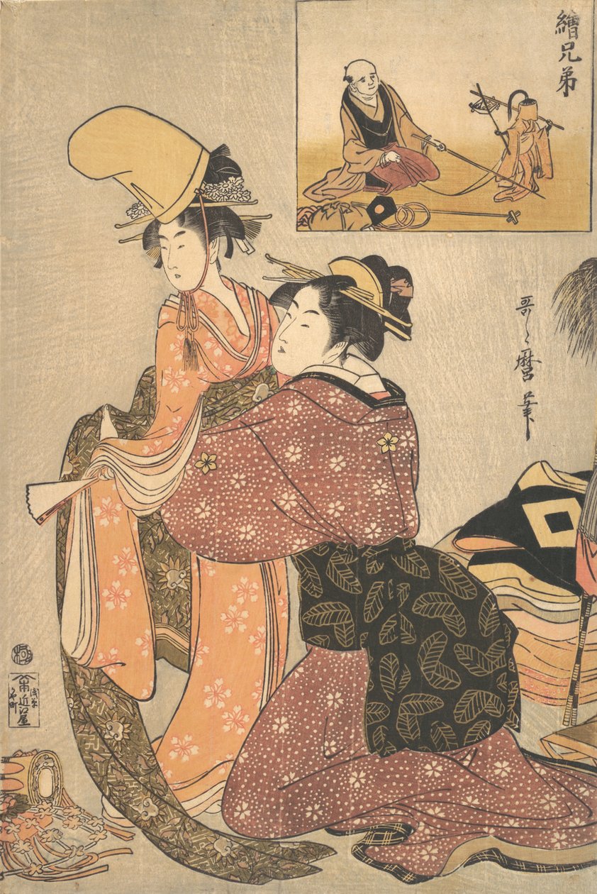امرأة تلبس فتاة من أجل رقصة الكابوكي “Musume Dojoji ...، ca. 1795-96. بواسطة كيتاجاوا أوتامارو
