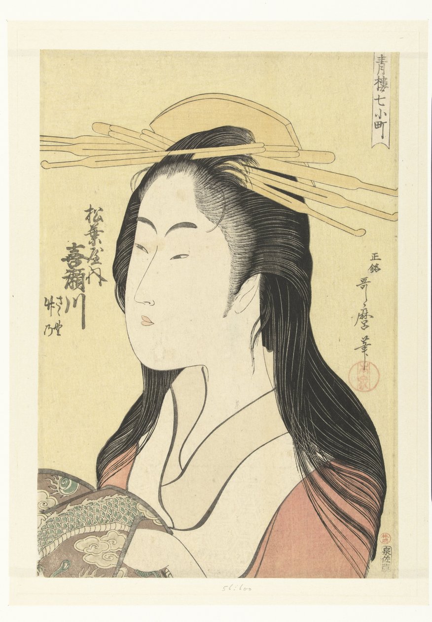 صورة تمثال نصفي للمومسة Kisegawa من منزل ماتسوبايا. ماتسوبايا أوتشي كيسيجاوا (العنوان على الجسم) The Seven Komachi from the Pleasure Houses (عنوان السلسلة) سيرو نانا كوماتشي (عنوان المسلسل على الكائن) بواسطة كيتاجاوا أوتامارو