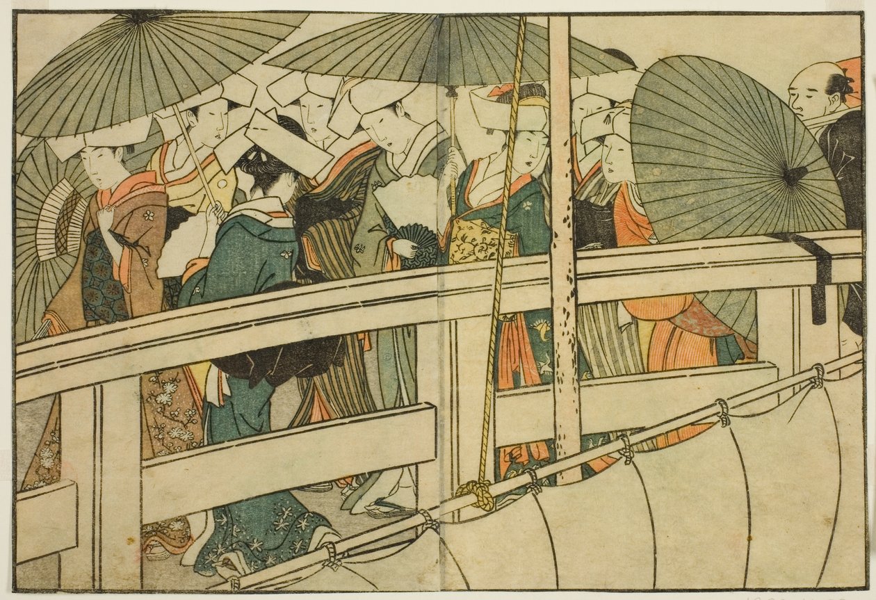 عبور الجسر في الصيف ، من الكتاب المصور "كتاب مصور: زهور الفصول الأربعة (Ehon shiki no hana)" المجلد. 1 بواسطة كيتاجاوا أوتامارو