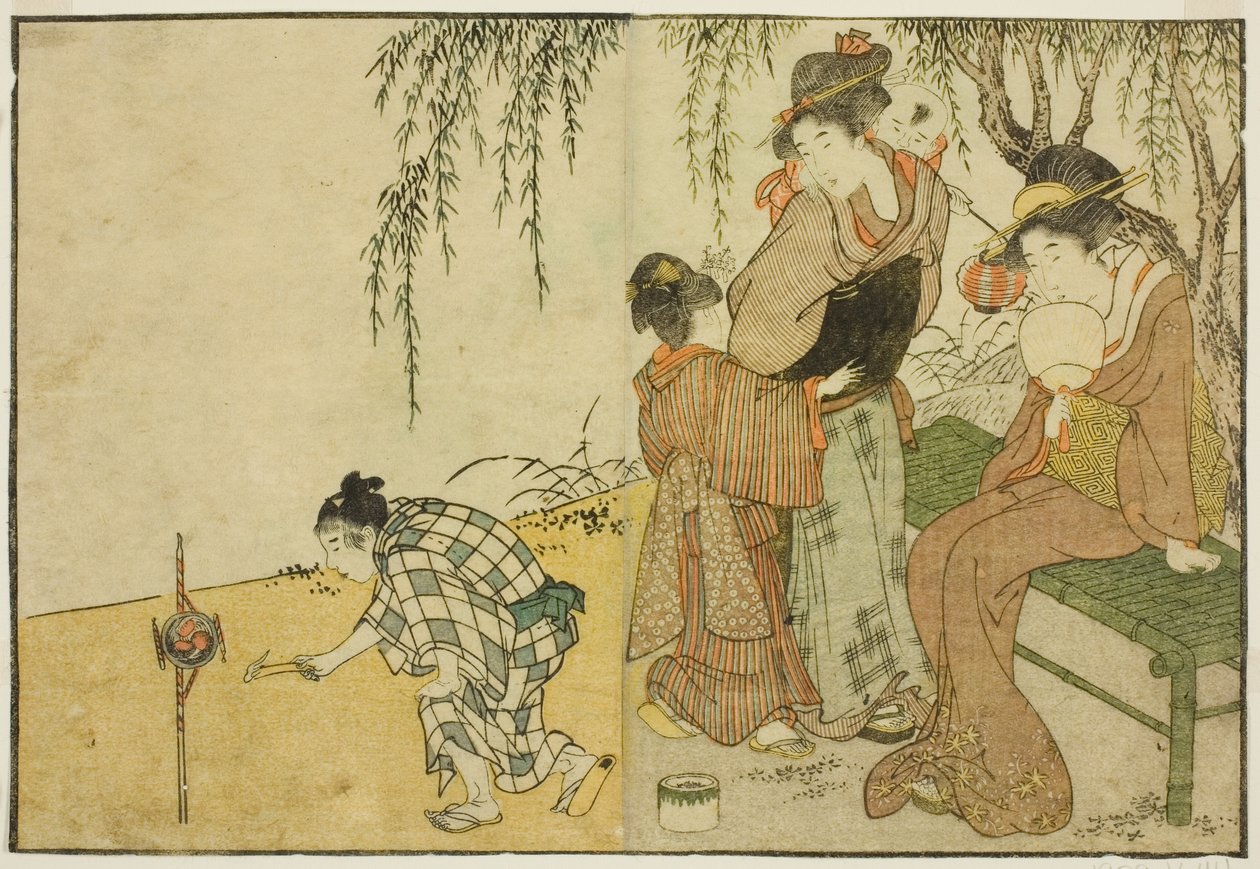 الاستمتاع بالألعاب النارية ، من الكتاب المصور "كتاب مصور: زهور الفصول الأربعة (Ehon shiki no hana) ،" المجلد. 1 بواسطة كيتاجاوا أوتامارو