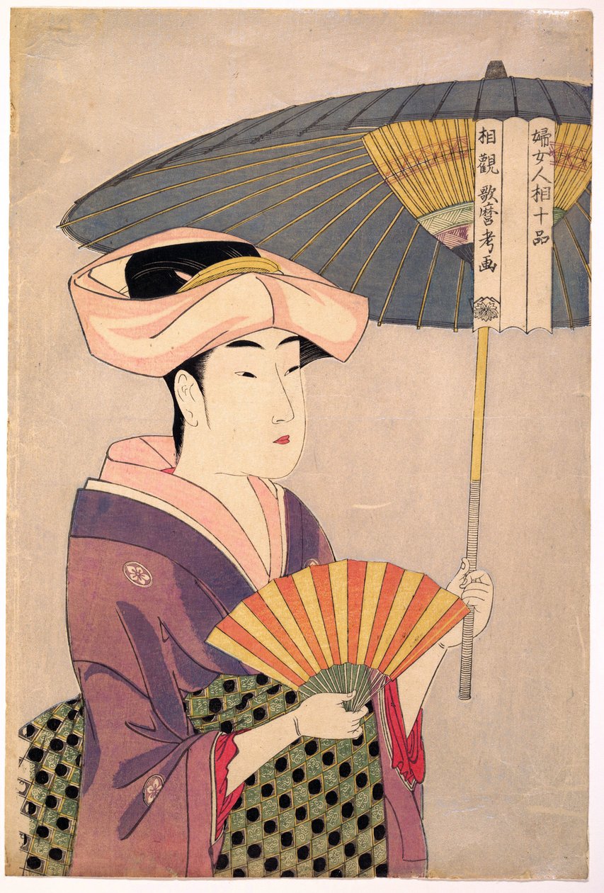 Femme tenant un parasol - امرأة تحمل مظلة ، من سلسلة عشرة أنواع في الدراسة الفيزيولوجية للنساء par Utamaro ، Kitagawa (1753-1806) ، ج. 1793 - نقش خشبي ملون ، 38،1 × 25،7 - مجموعة خاصة بواسطة كيتاجاوا أوتامارو
