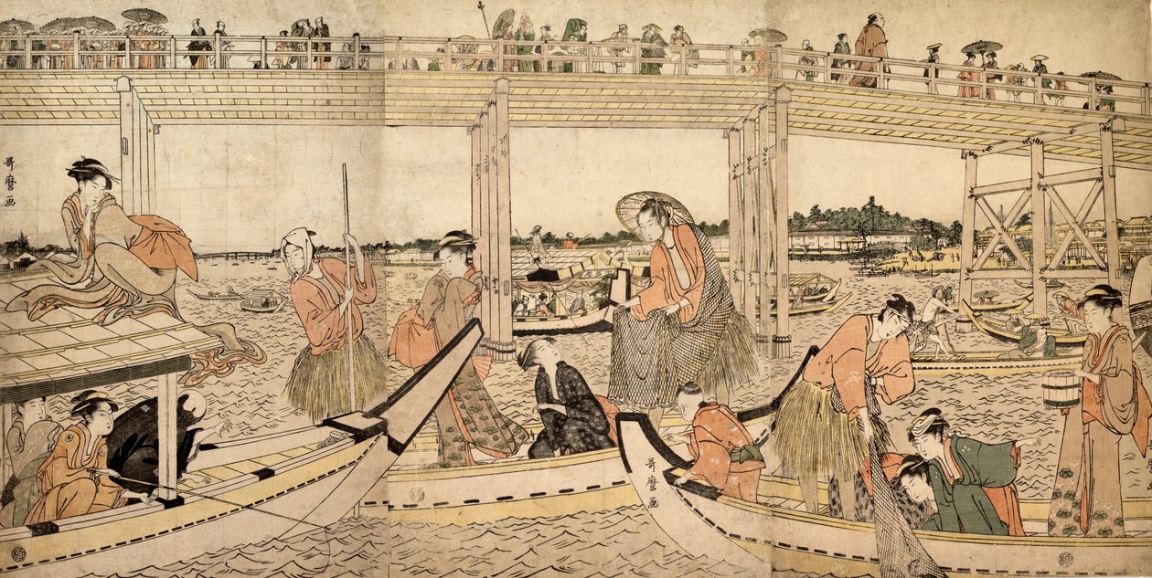 قوارب صيد بشباك تحت جسر ريوغوكو ، 1790. بواسطة كيتاجاوا أوتامارو