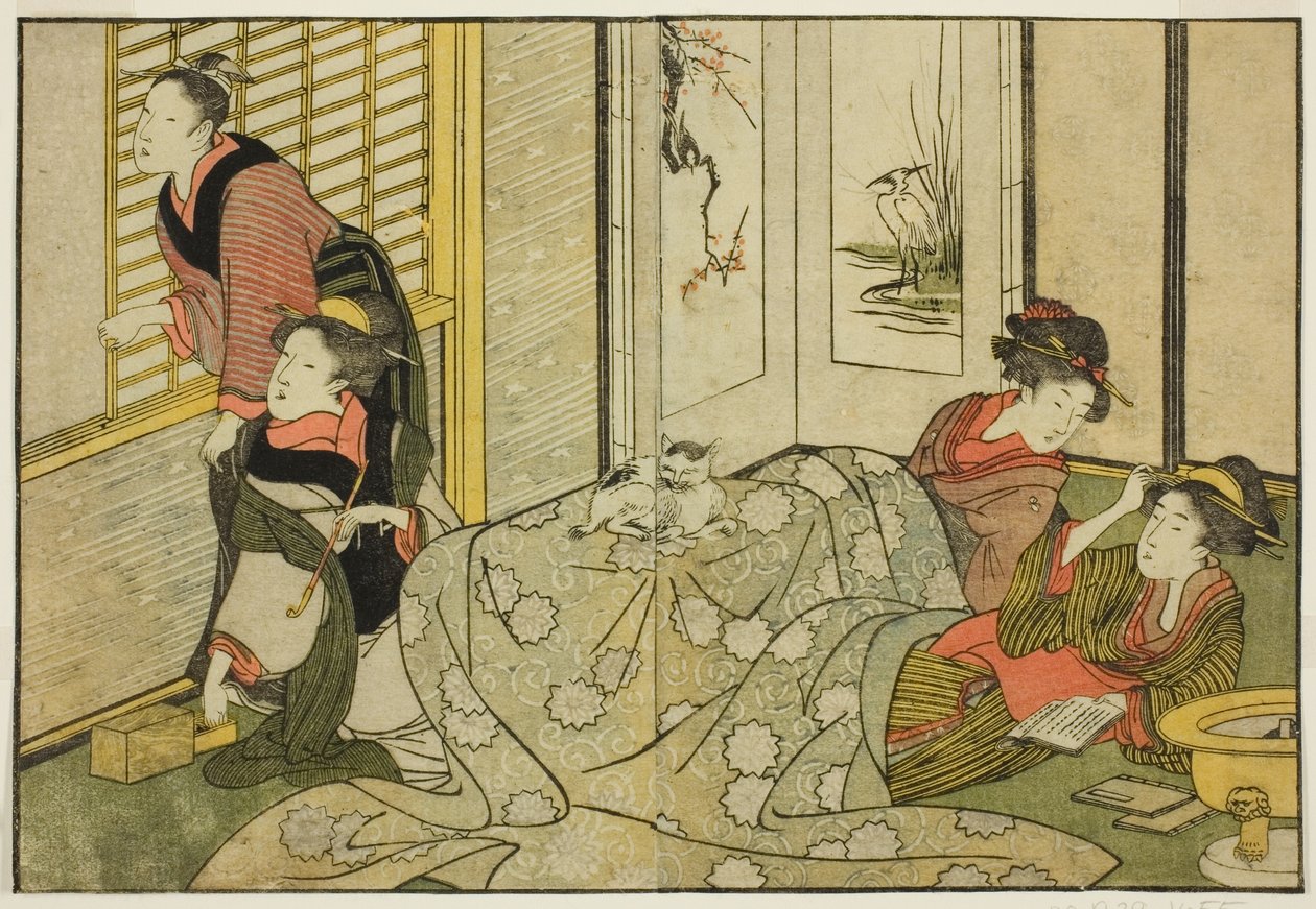مشهد داخلي في يوم ثلجي ، من الكتاب المصور "كتاب مصور: زهور الفصول الأربعة (Ehon shiki no hana)" المجلد. 2 بواسطة كيتاجاوا أوتامارو