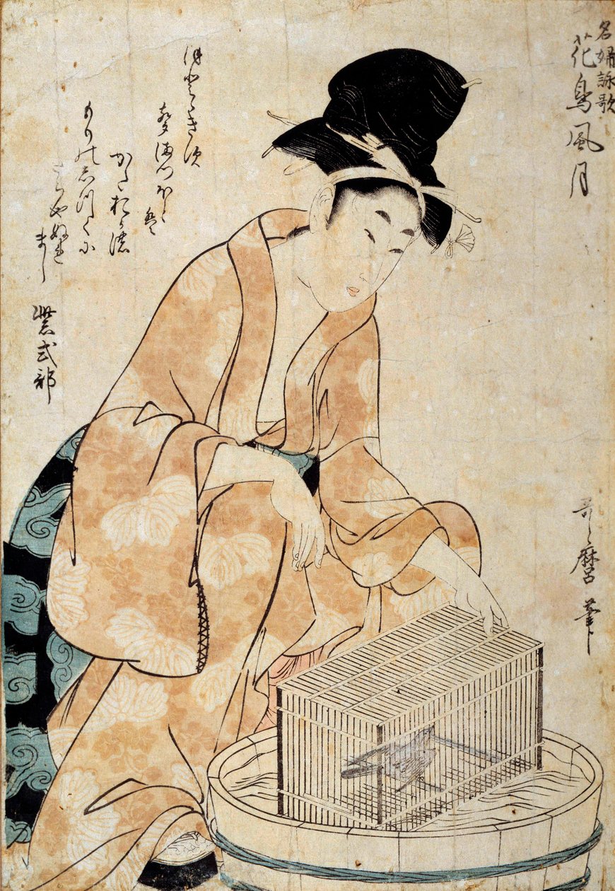 Japanese art: woman sitting in front of a bird cage. Drawing of Outamaro (Utamaro) Kitagawa (1753-1806) 18th century Rennes, Musee des Beaux Arts بواسطة كيتاجاوا أوتامارو