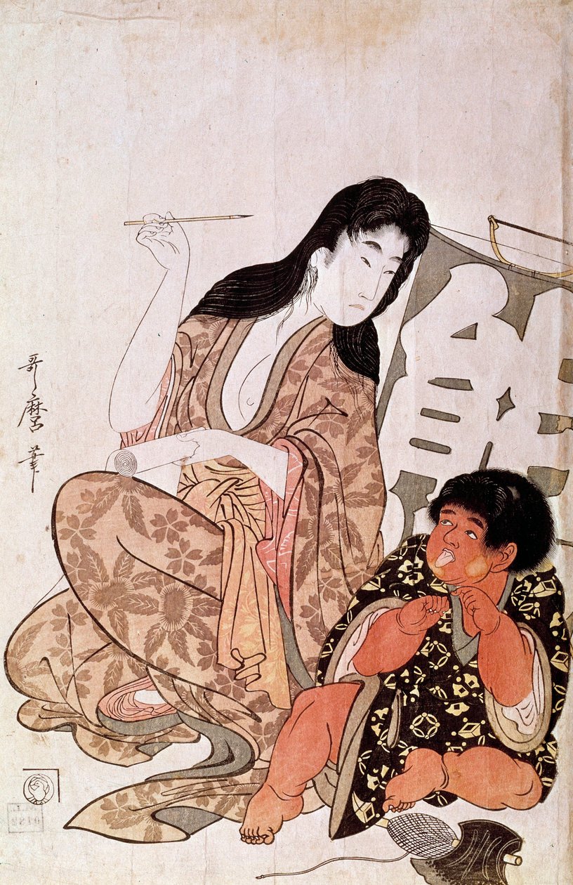خط Kintaro et Yamauba ، سلسلة: Yamauba et Kintaro اليابانية بواسطة Utamaro Kitagawa (1753-1806). الشمس 0.38x0.26 م .1790-1806. باريس ، متحف Guimet ، المتحف الوطني للفنون الآسيوية بواسطة كيتاجاوا أوتامارو