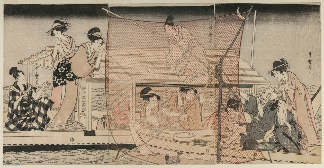 صافي الصيد ليلا على نهر سوميدا ، ج. 1800. بواسطة كيتاجاوا أوتامارو
