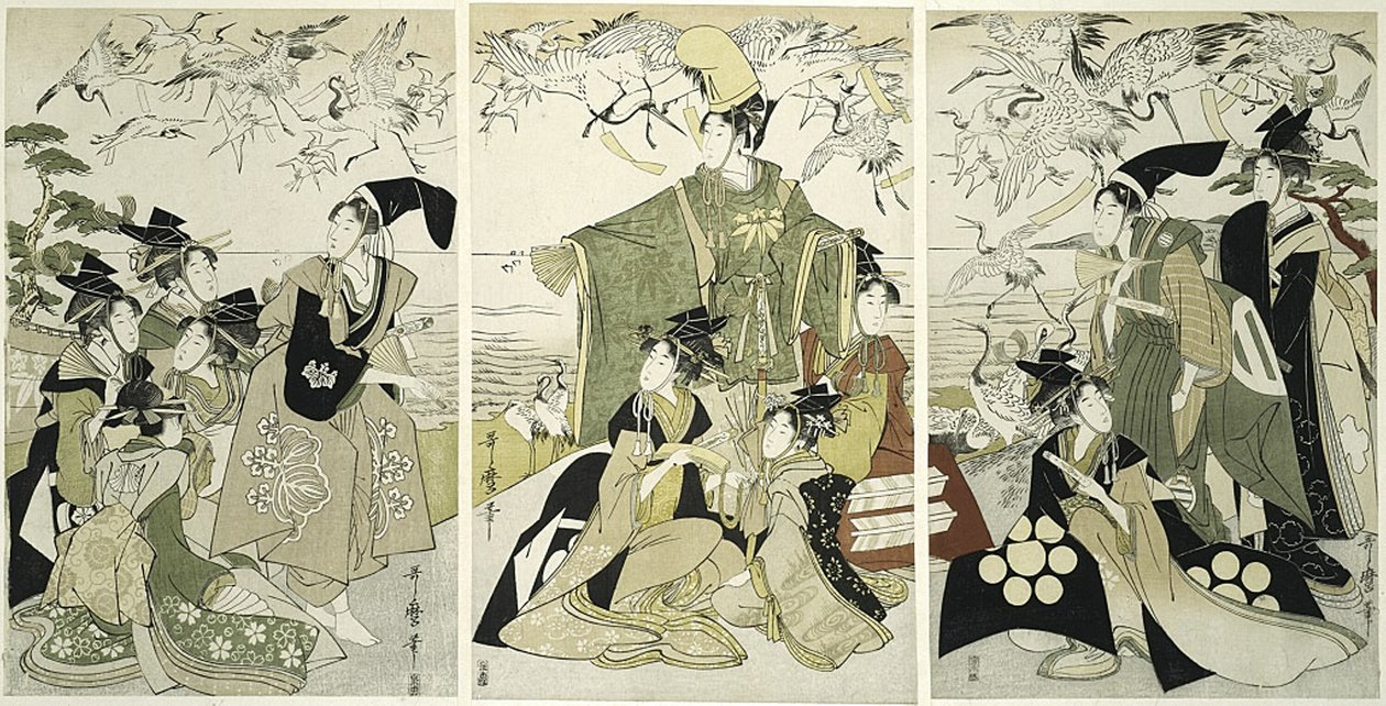 محاكاة ساخرة لـ Minamoto no Yoritomo وهي تطلق الرافعات في Yuigahama بواسطة كيتاجاوا أوتامارو