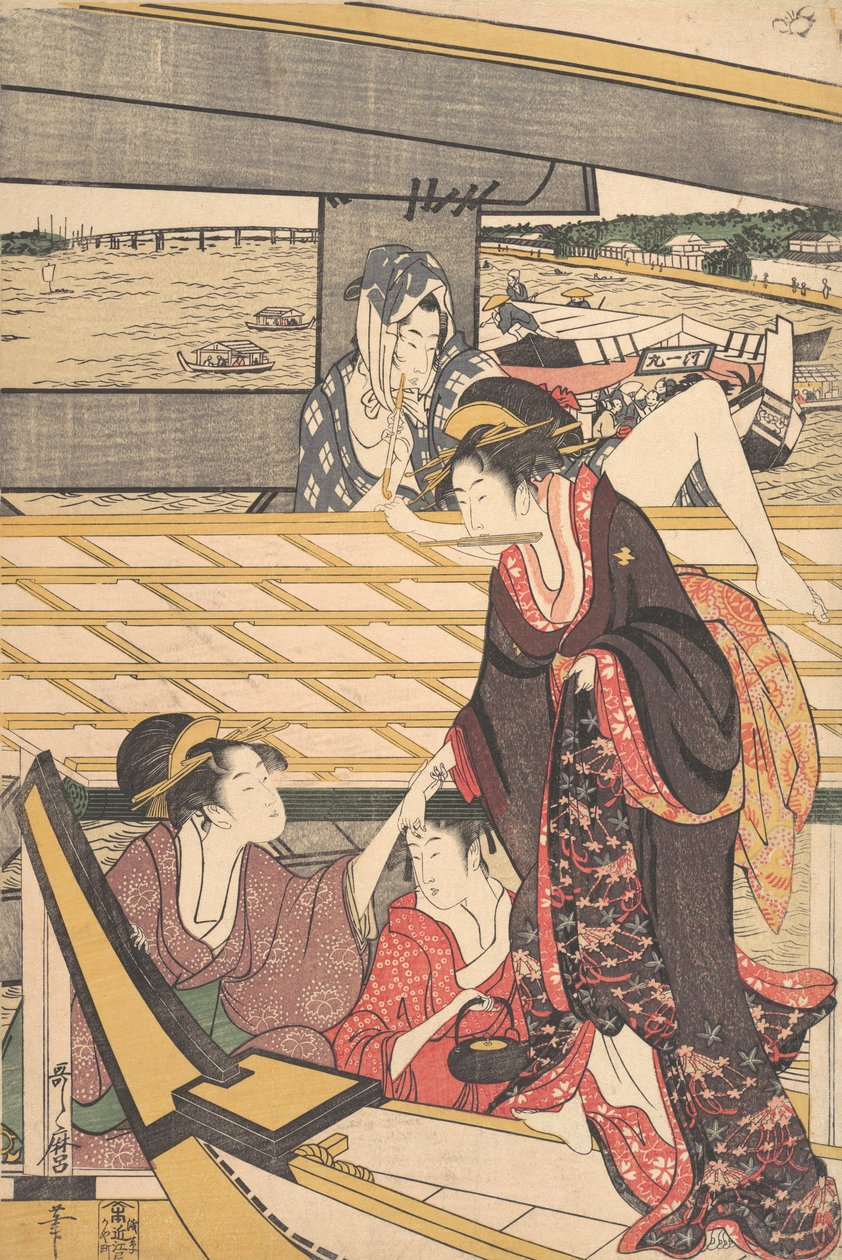 متعة الأطراف في قوارب على نهر سوميدا تحت جسر ريوغوكو ، كاليفورنيا. 1796. بواسطة كيتاجاوا أوتامارو
