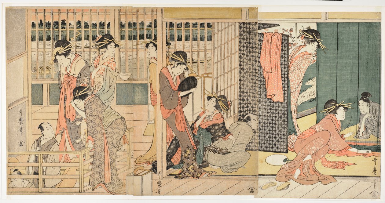 مشهد الصباح في "بيت التسامح" الياباني (كاريتاكو) - طباعة كيتاغاوا أوتامارو (1753-1806) بواسطة كيتاجاوا أوتامارو