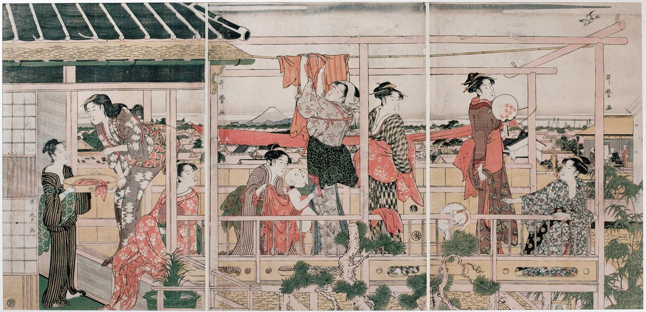 Sechage des vetements - تجفيف الملابس حسب Utamaro ، Kitagawa (1753-1806) ، c. 1790 - نقش خشبي ملون ، 37،3 × 75،8 - مجموعة خاصة بواسطة كيتاجاوا أوتامارو