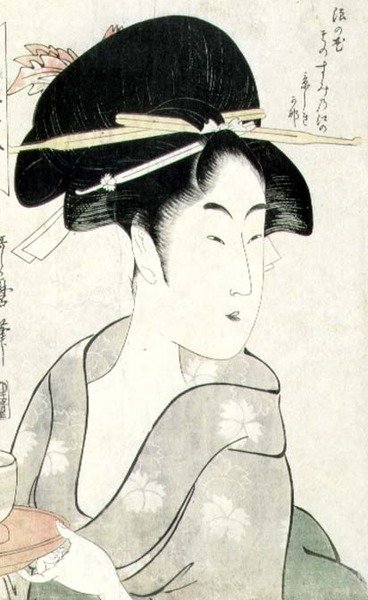 TH Riches 1913 صورة تمثال نصفي لامرأة تحمل فنجان شاي ، من سلسلة `` Meisho Koshikake Hakkei` (طباعة خشبية) بواسطة كيتاجاوا أوتامارو
