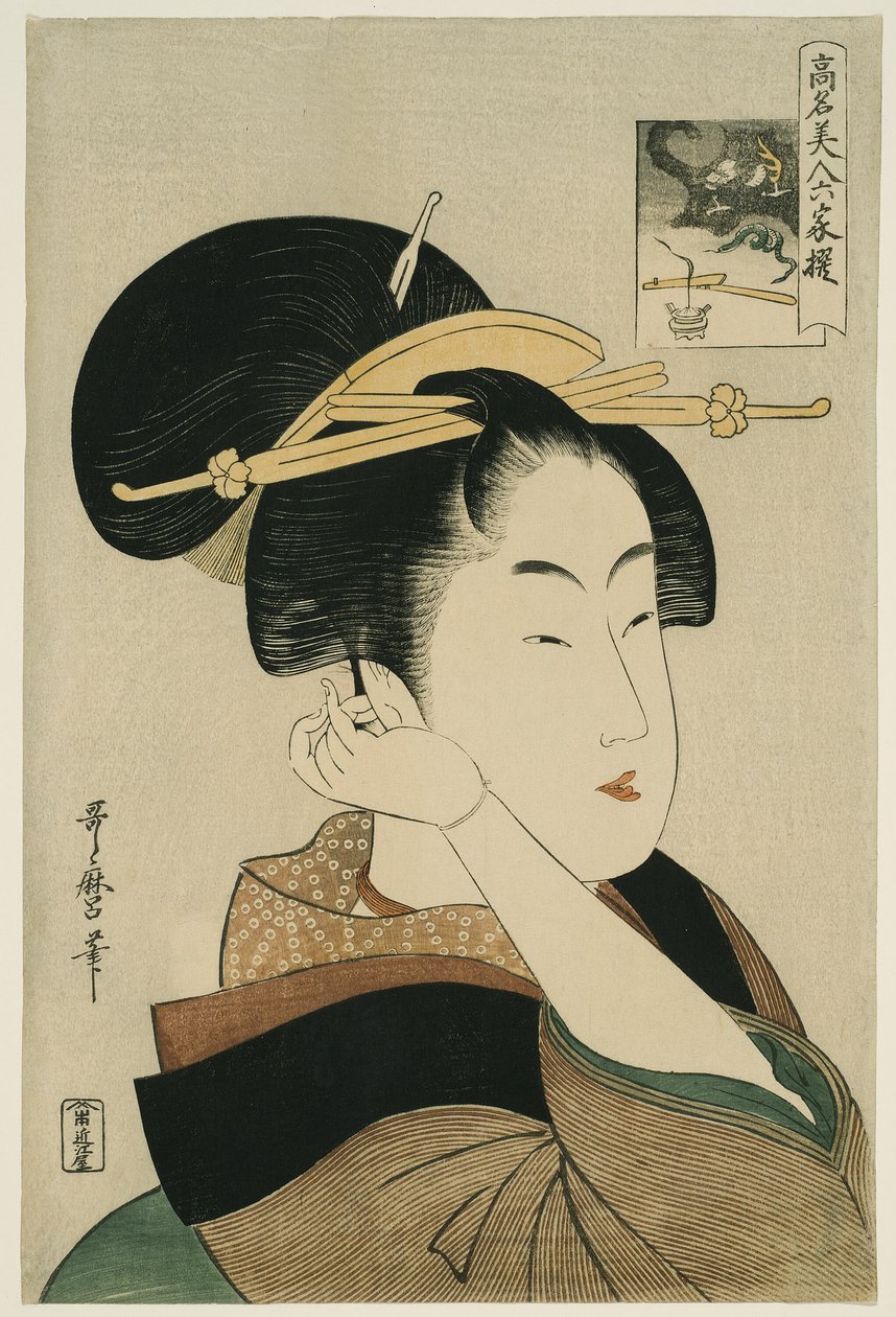 تاتسومي روكو ، من سلسلة "مشاهير الجمال المشابهين للشعراء الستة الخالدين" ("Komei bijin rokkasen") بواسطة كيتاجاوا أوتامارو