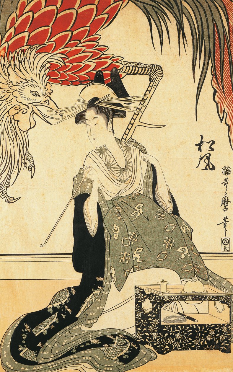 Oiran Matsuzake مع أنبوب ، بواسطة Kitagawa Utamaro ، نقش خشبي بواسطة كيتاجاوا أوتامارو
