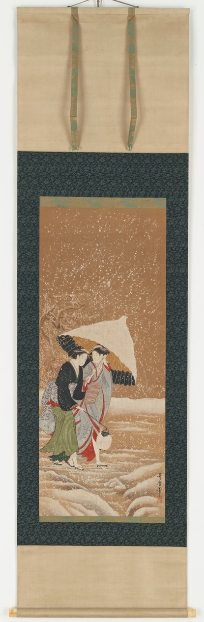 فتاتان تحت مظلة في عاصفة ثلجية ، 1753-1806. بواسطة كيتاجاوا أوتامارو