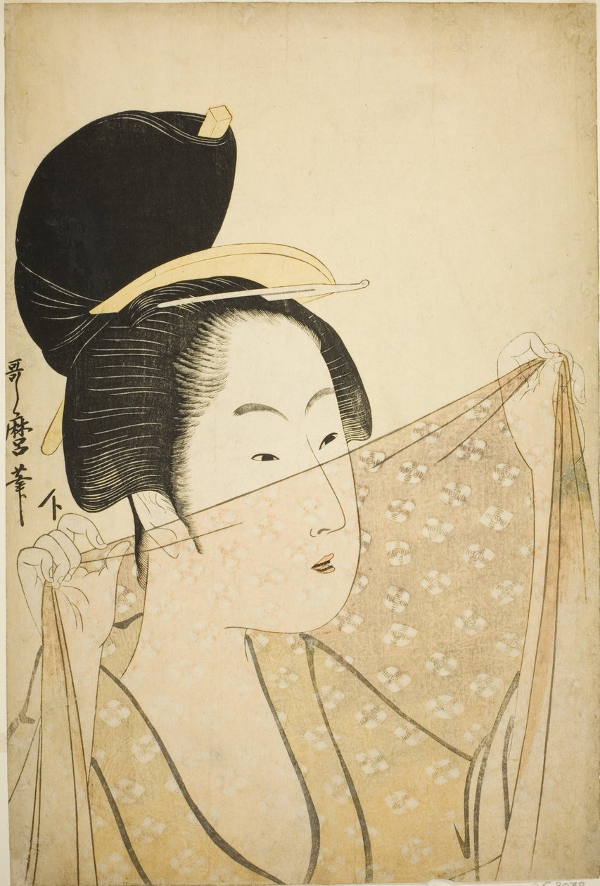 امرأة تحمل قطعة من القماش (Nuno o kazasu onna) بواسطة كيتاجاوا أوتامارو