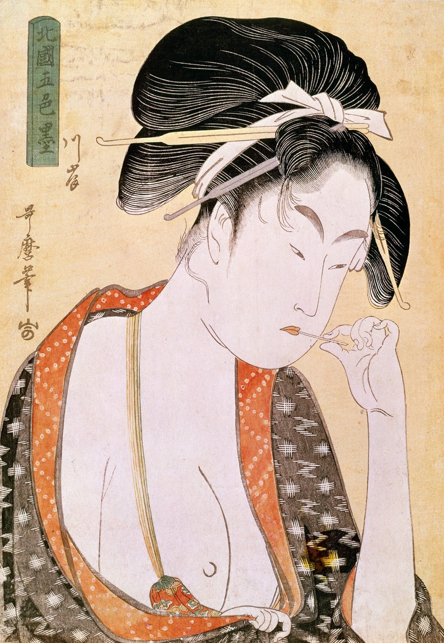 امرأة تشتهي الشفاه مطبوعة يابانية لأوتامارو كيتاجاوا (1753-1806). القرن ال 18. باريس ، متحف Guimet ، متحف الفنون الآسيوية بواسطة كيتاجاوا أوتامارو