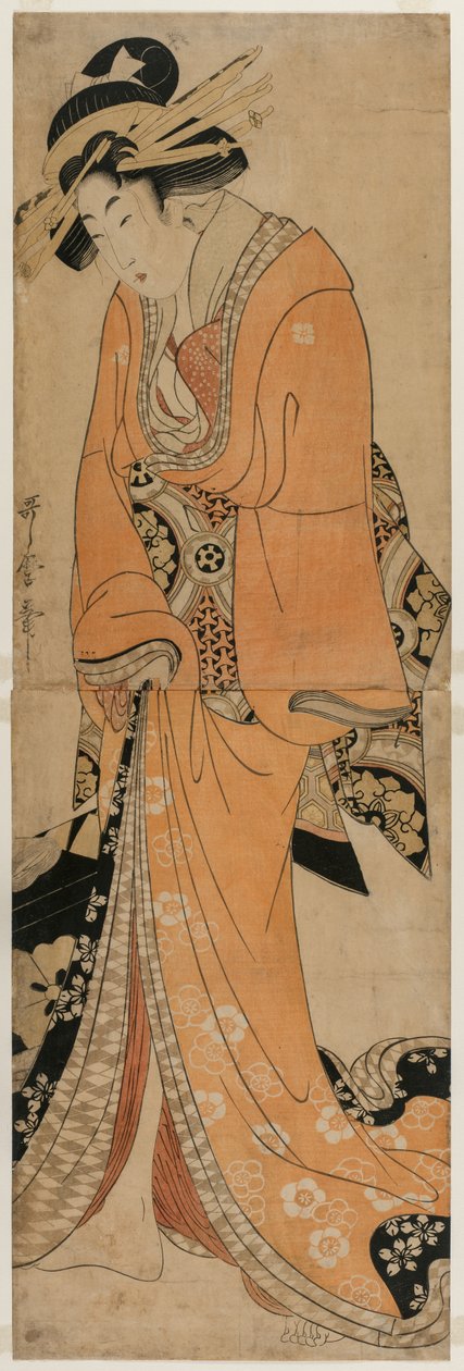 الجيشا واقفة بجانب قضية شميسن بواسطة Kitagawa Utamaro II