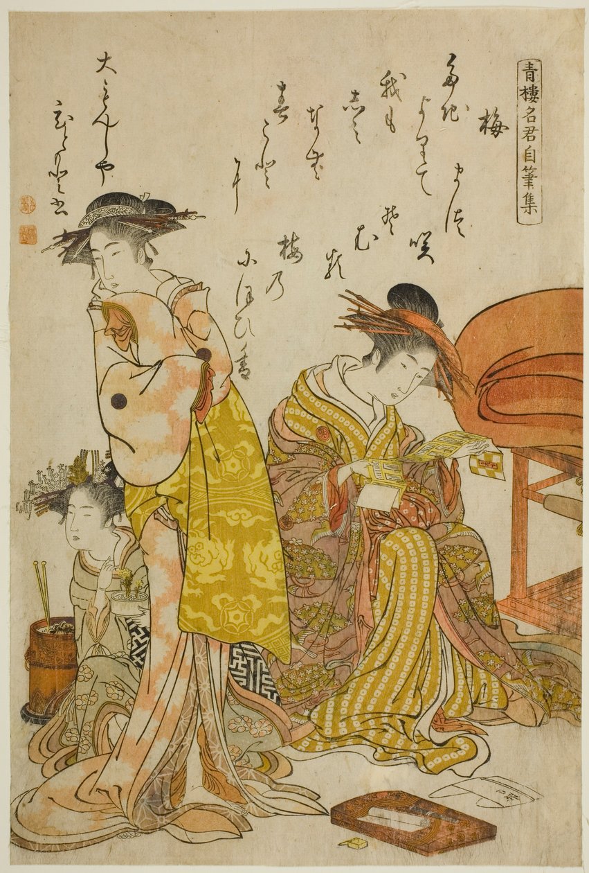 The Courtesan Hitomoto of the Daimonjiya ، من ألبوم "Comparing New Beauties of the Yoshiwara - A Mirror of their Own Writings (Keisei shin bijin awase jikihitsu kagami)" بواسطة Kitao Masanobu
