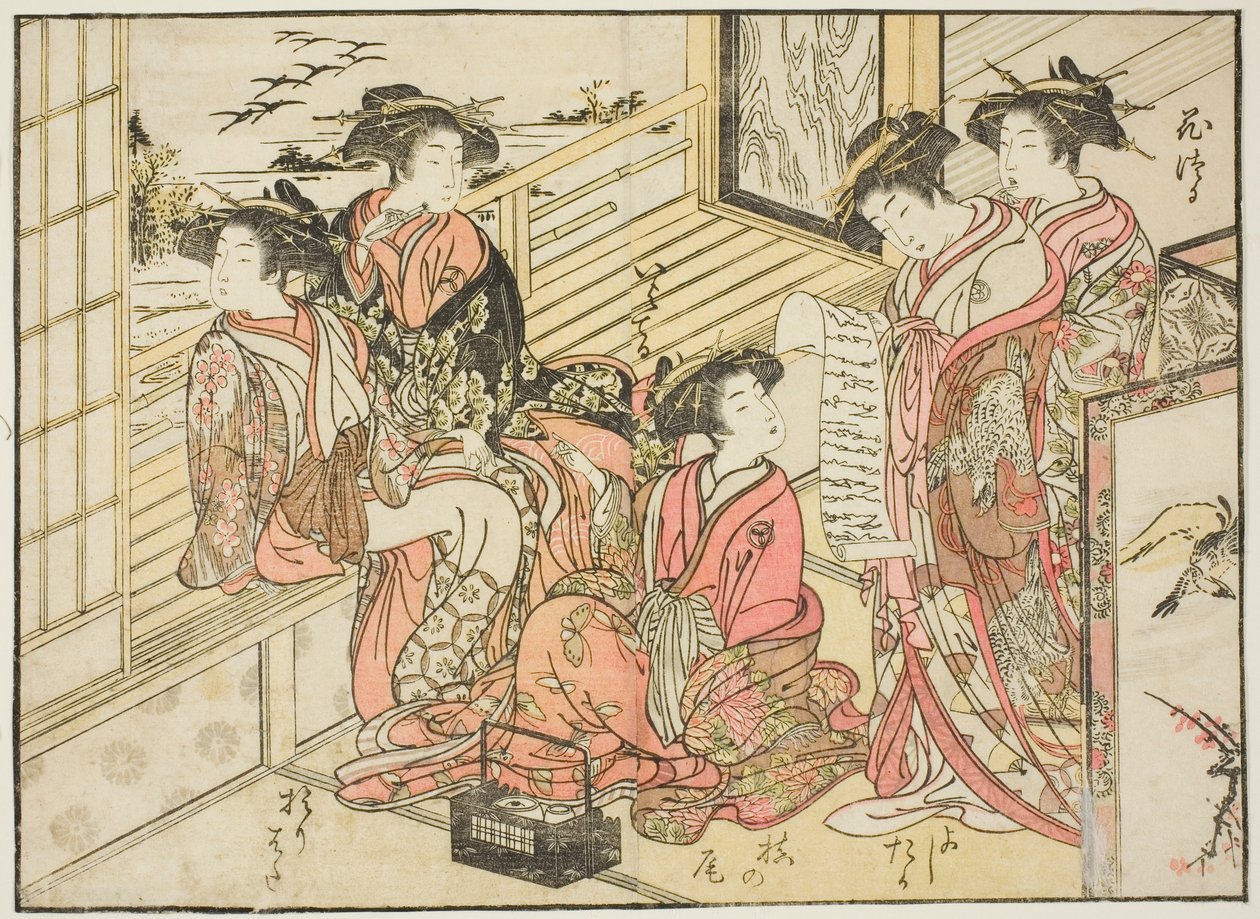 Courtesans of Okamoto ، من كتاب "Mirror of Beautiful Women of the Pleasure Quarters (Seiro bijin awase sugata kagami)" المجلد. 2 بواسطة Kitao Shigemasa