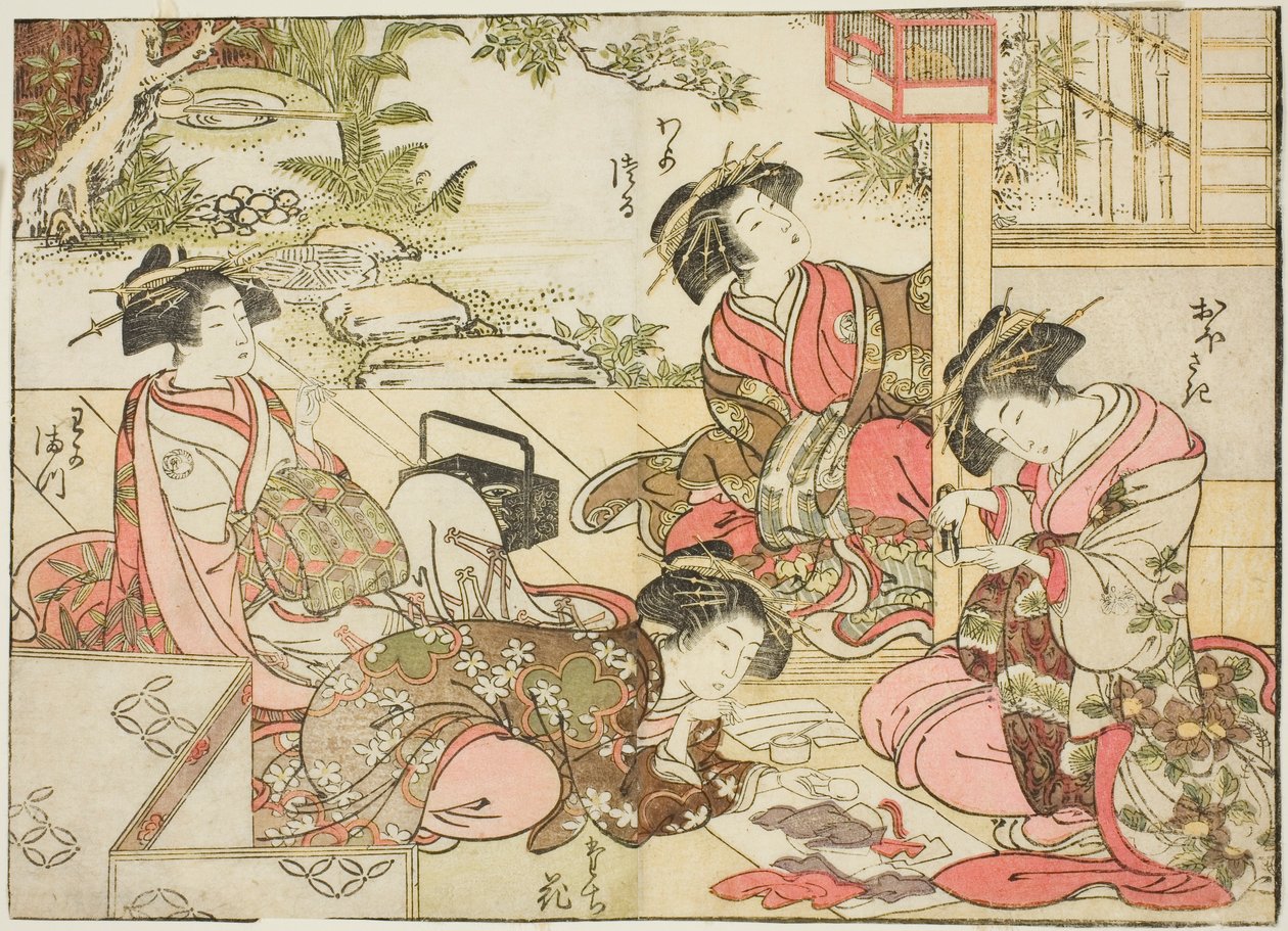 Courtesans of Otawaraya ، من كتاب "Mirror of Beautiful Women of the Pleasure Quarters (Seiro bijin awase sugata kagami)" المجلد. 2 بواسطة Kitao Shigemasa
