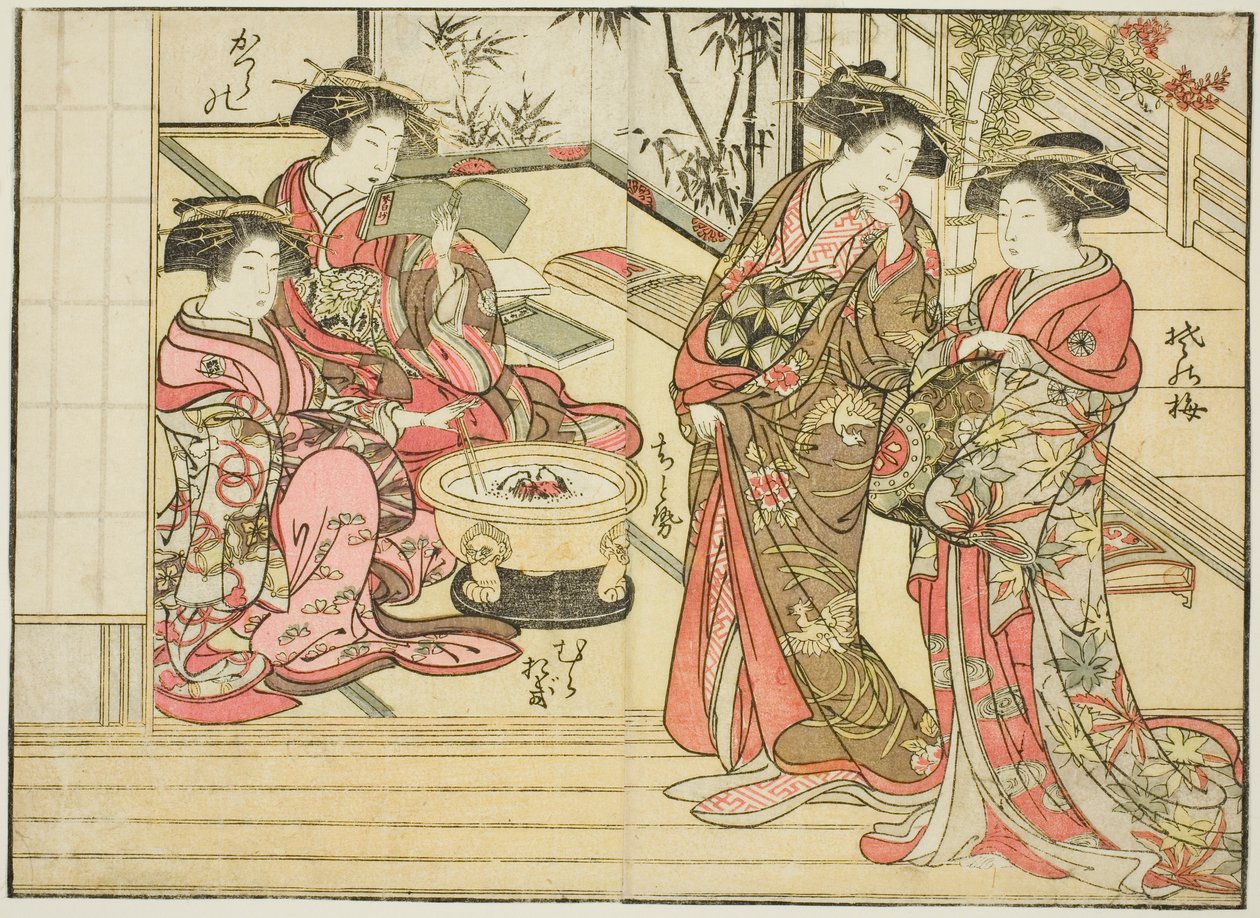 Courtesans of Otawaraya ، من كتاب "Mirror of Beautiful Women of the Pleasure Quarters (Seiro bijin awase sugata kagami)" المجلد. 2 بواسطة Kitao Shigemasa