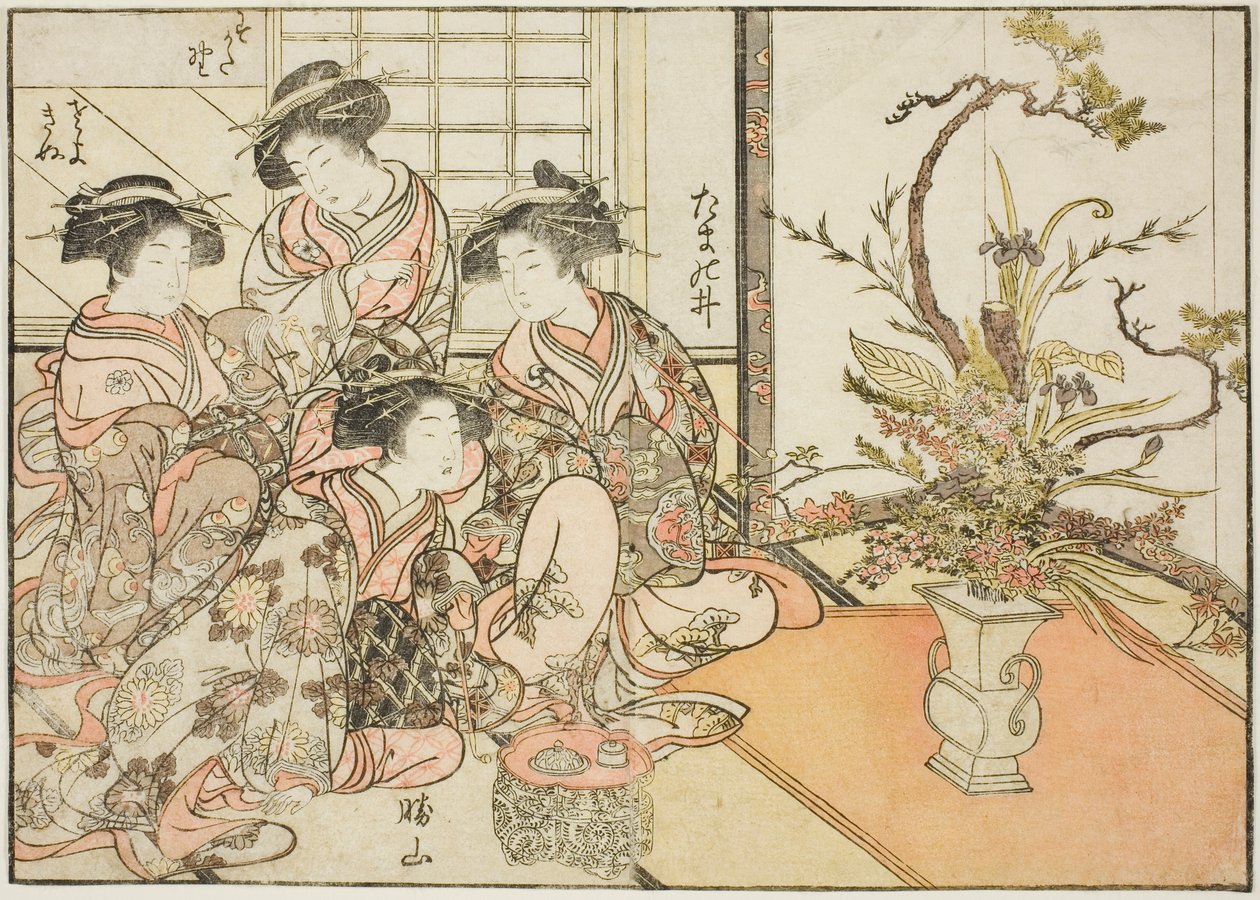 Courtesans of Yotsumaya ، من كتاب "Mirror of Beautiful Women of the Pleasure Quarters (Seiro bijin awase sugata kagami)" المجلد. 2 بواسطة Kitao Shigemasa