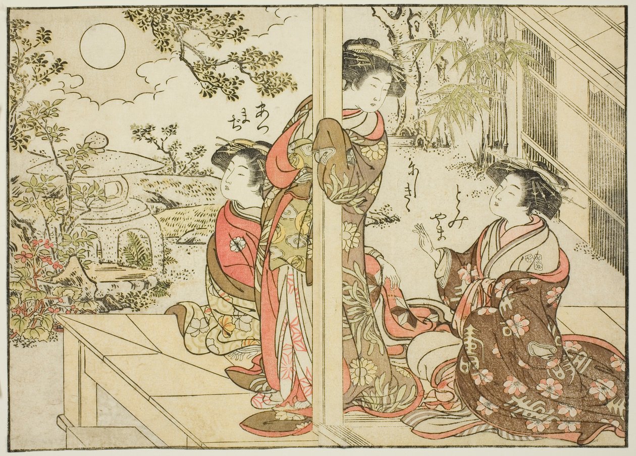Courtesans of Yotsumaya ، من كتاب "Mirror of Beautiful Women of the Pleasure Quarters (Seiro bijin awase sugata kagami)" المجلد. 2 بواسطة Kitao Shigemasa