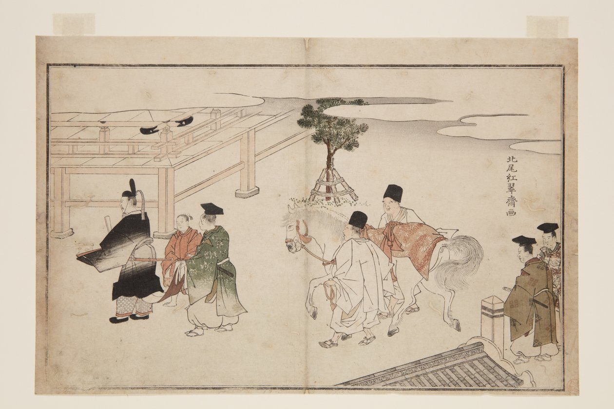 عرض رأس السنة الجديدة لجواد أبيض (طباعة خشبية ملونة) بواسطة Kitao Shigemasa