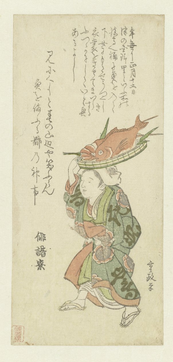 امرأة تحمل صينية من السمك على رأسها بواسطة Kitao Shigemasa