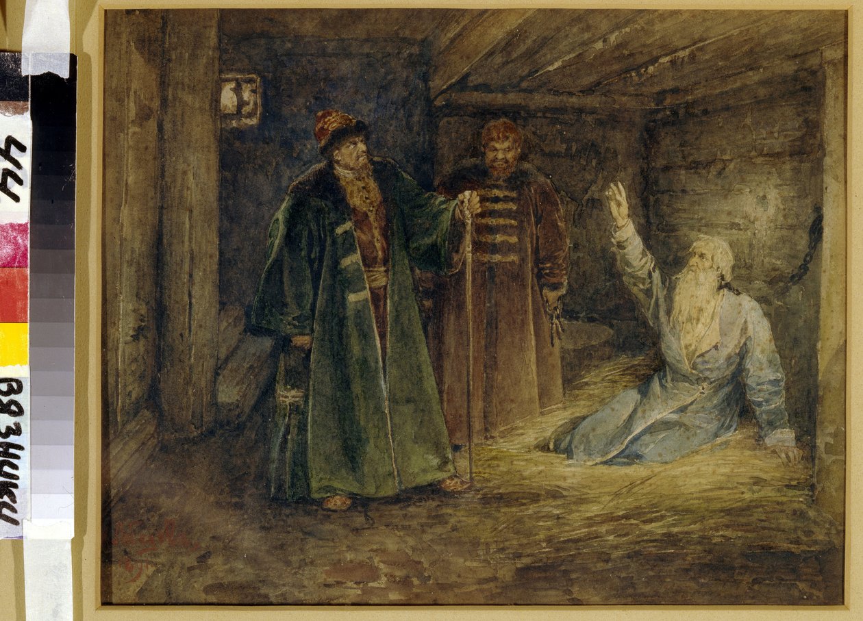 زيارة Le tsar Ivan IV le terrible (1530-1584) et Maliouta Skouratov (mort en 1573) le Boyard (boiard، boiar) Morozov (؟) in prison. (القيصر إيفان الرابع الرهيب وماليوتا سكوراتوف يزور بويار موروسوف). Peinture de Klavdi Vasilyevich Lebedev (1852-191 بواسطة Klavdiy Vasilievich Lebedev