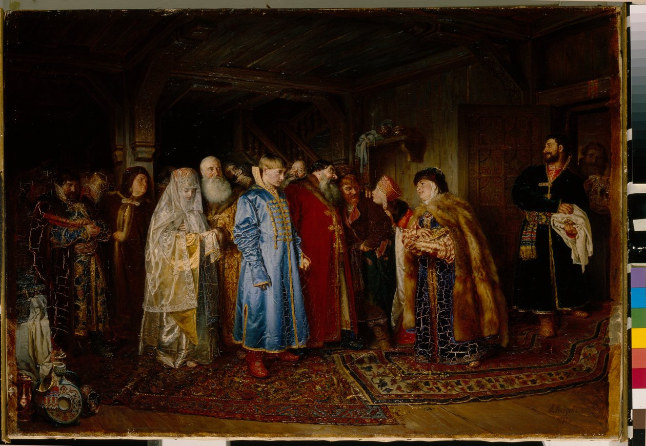 زفاف بويار (بويار ، بويار) في القرن السادس عشر ، العروس ترتدي kokochnik (زفاف Boyar) - زيت على قماش من Klavdi Vasilyevich Lebedev (1852-1916) بواسطة Klavdiy Vasilievich Lebedev