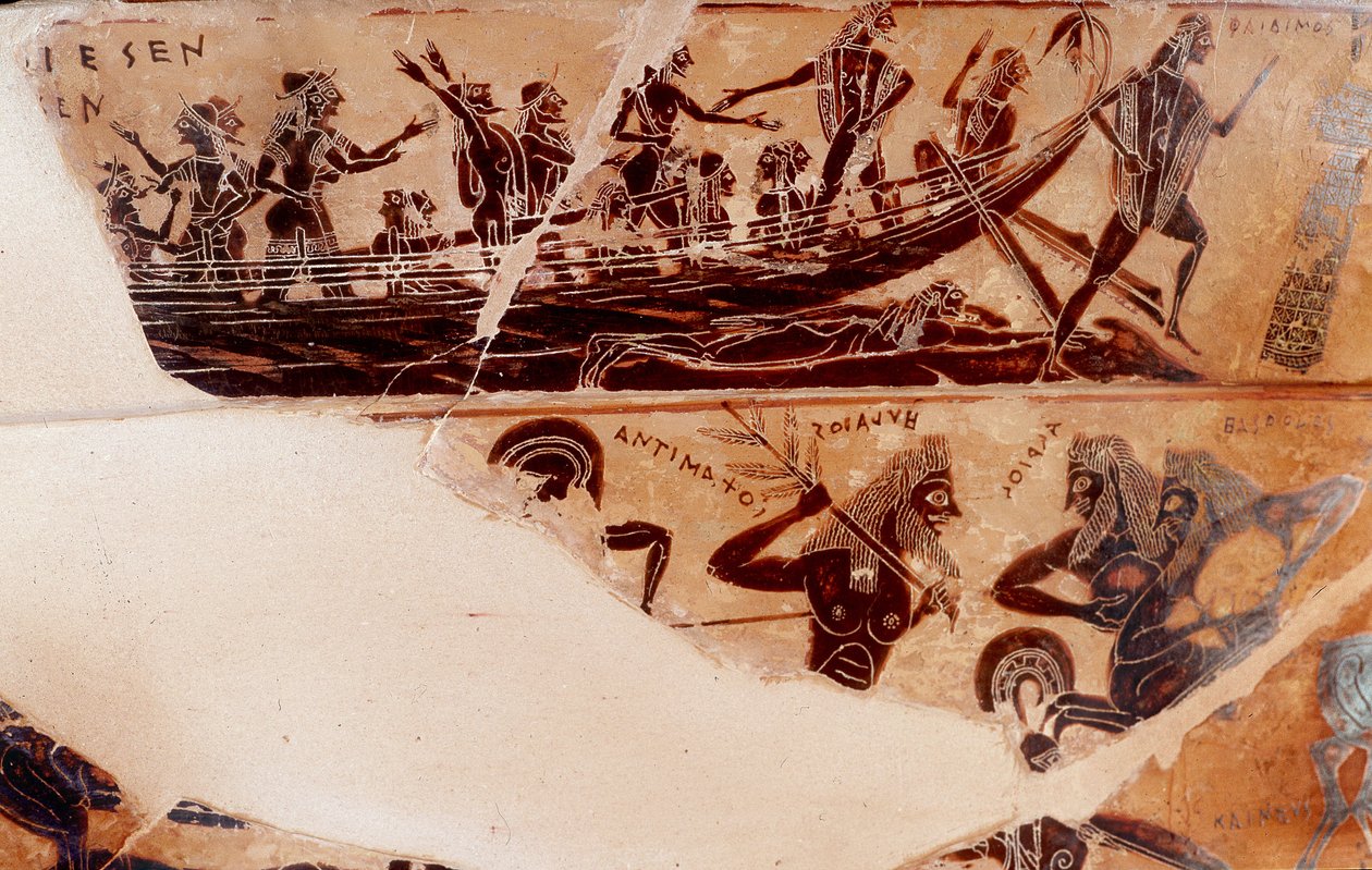 الإنزال من Thesee إلى Delos ، تفاصيل العنق التي تواجه السجل العلوي B - 'Vase Francois' cratere اليوناني مع أشكال سوداء من مقبرة Etruscan of Chiusi ، 570 قبل الميلاد - علامة الخزف Ergotimos والرسام Cretias (Kleitias) القرن السادس قبل الميلاد ، Dim 6 بواسطة كليتياس كليتياس