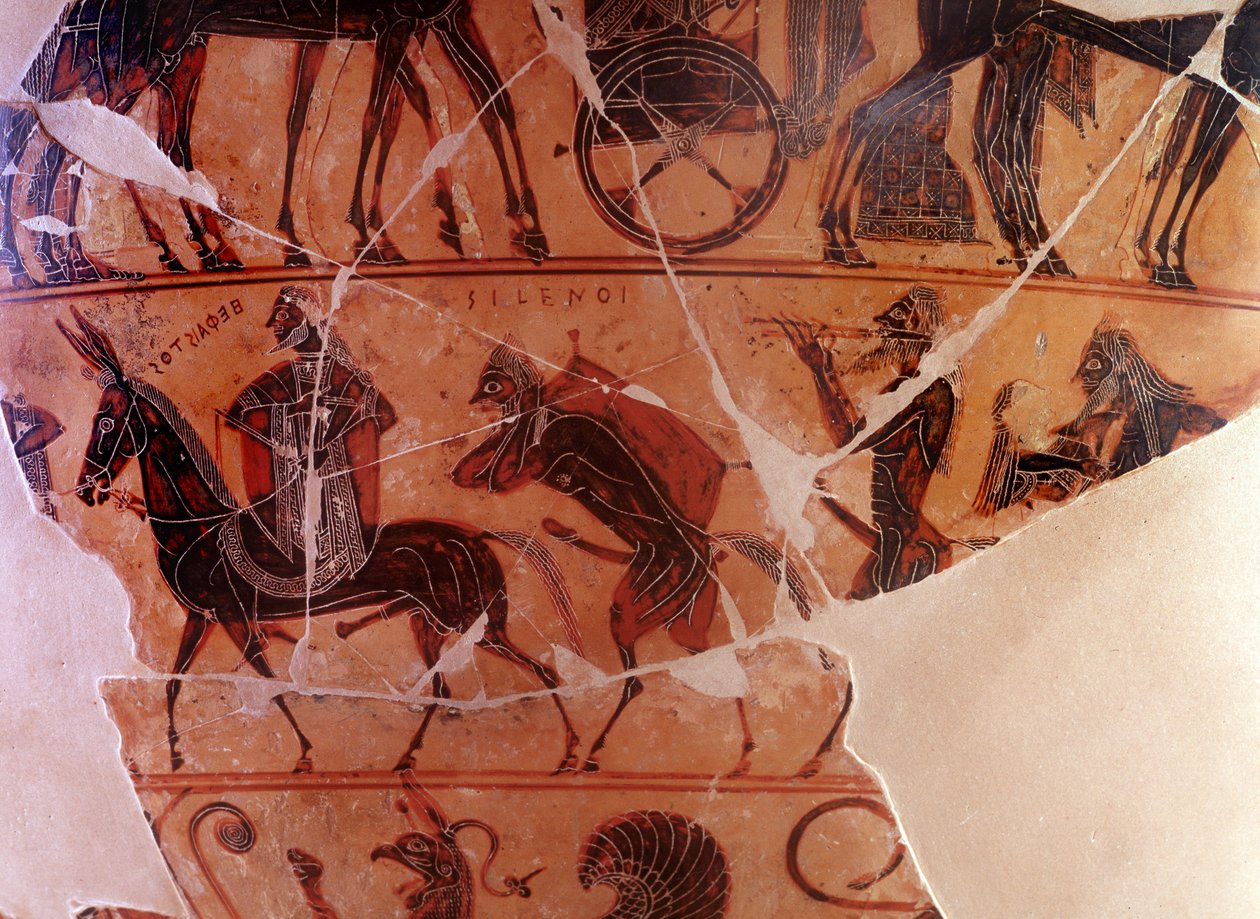 عودة Hephaistos (Hephaestus) في أوليمبوس - تفاصيل اللوحة ، السجل الأمامي B السفلي - 'Vase Francois' cratere اليوناني بأشكال سوداء من مقبرة إترسكان في تشيوسي ، 570 قبل الميلاد - علامة الخزف Ergotimos والرسام Clitias (Kleitias) السادس بواسطة كليتياس كليتياس