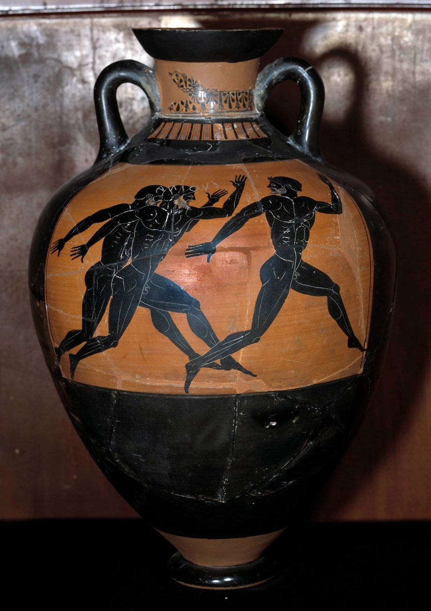 Greek Art: Panathenaic ceramic amphora with black figures representing athletes running a running. Ceramic of the Painter of Cleophrades (beginning 5th century BC). 500 BC Dim. 0,55x0,41 m. بواسطة رسام كليوفراديس (fl.500475 قبل الميلاد)