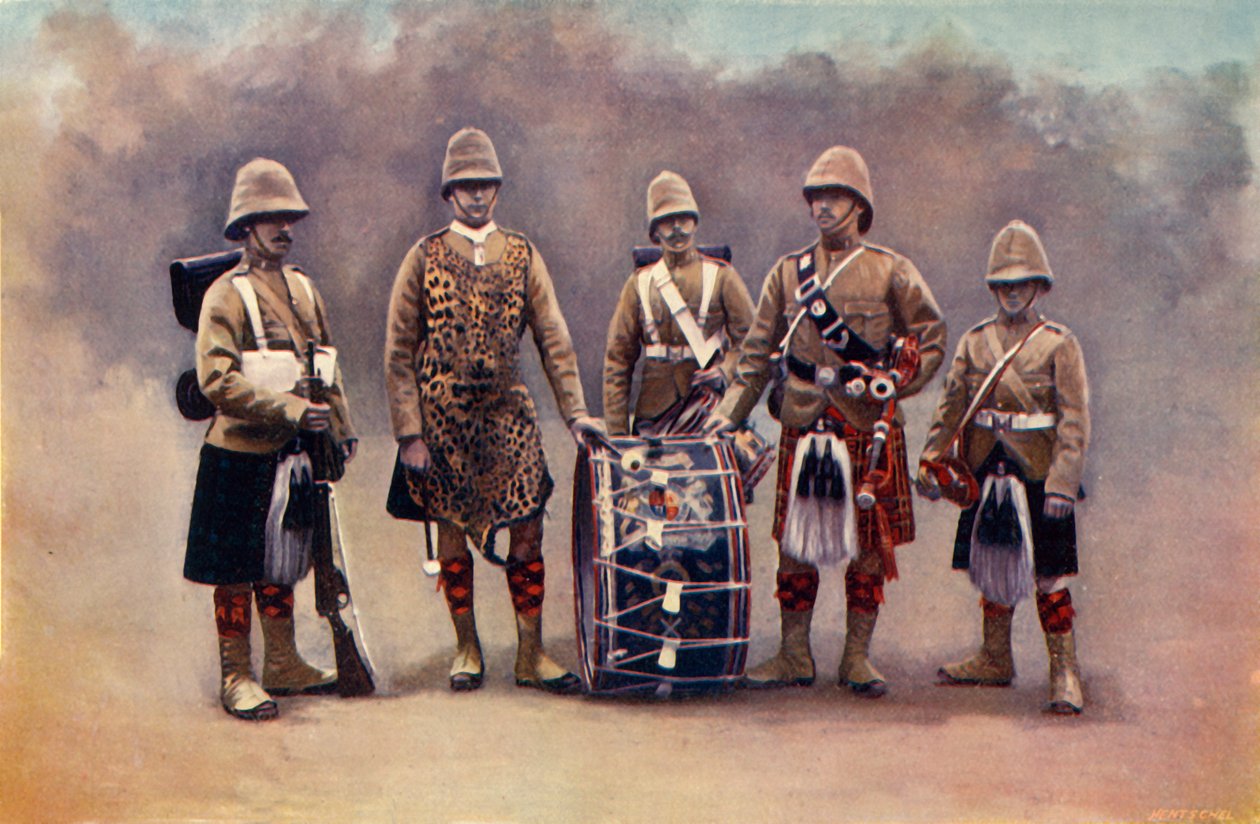 "Private ، Drummers ، Piper ، and Bugler - The Black Watch" ، ١٩٠٠. بواسطة فارس