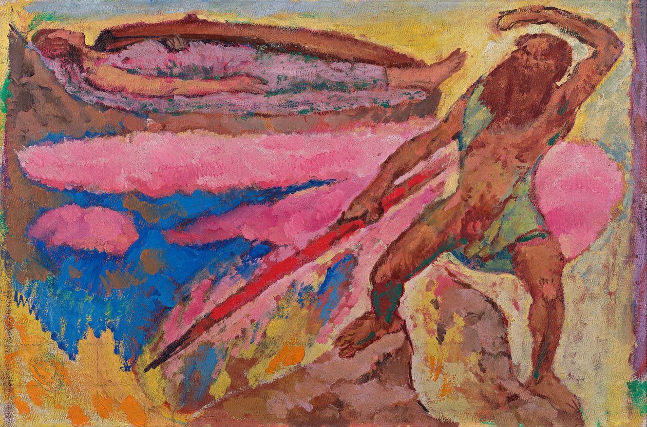 الإله أودين (وتان) وبرونهيلد - رسم لكولومان موسر (1868-1918) ، حوالي عام 1916 ، زيت على قماش - وتان وبرونهيلد - زيت على قماش لكولومان موسر (1868-1918) ، حوالي 1916 - 50.5 × 75.2 سم - متحف ليوبولد فيينا بواسطة كلومان موسر