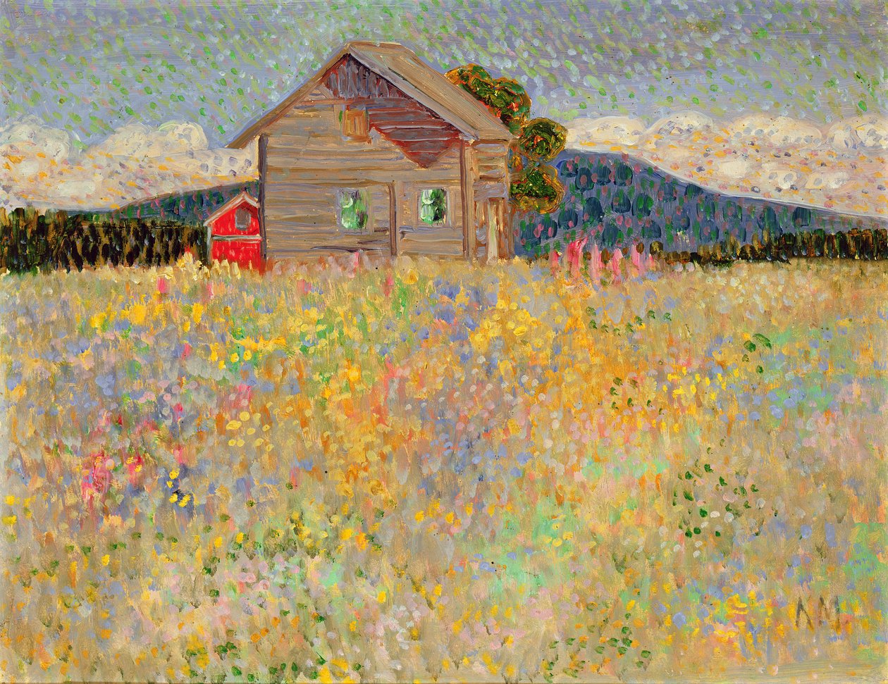 منزل خشبي صغير في مرج مزهر ، c.1909 (زيت على لوح لصق) بواسطة كونراد ماجي