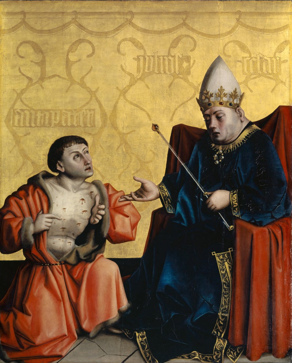 راكع Antipater قبل Juilus Caesar من Heilspiegel Altarpiece ، c.1435 (وسائط مختلطة على لوحة البلوط) بواسطة Konrad Jitz
