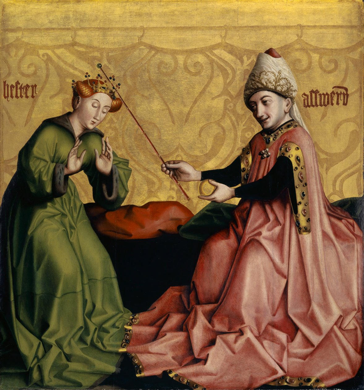 استير قبل Ahasuerus من Heilspiegel Altarpiece ، c.1435 (وسائط مختلطة على لوحة البلوط) بواسطة Konrad Jitz